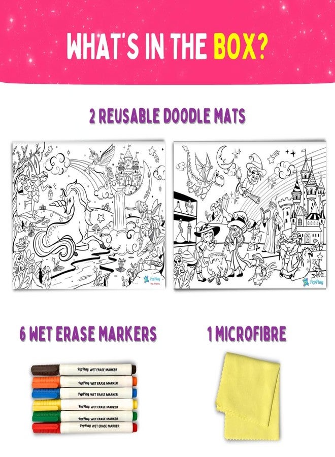 PepPlay Recolourables Mats - Magical Land, 2 Washable placemats, 6 erasable Markers & Microfibre Cloth, Mess-Free, Art, Travel-Friendly, Unicorn Gift for Girls Christmas gift for 3 4 5 6 7 years girls - Image 2